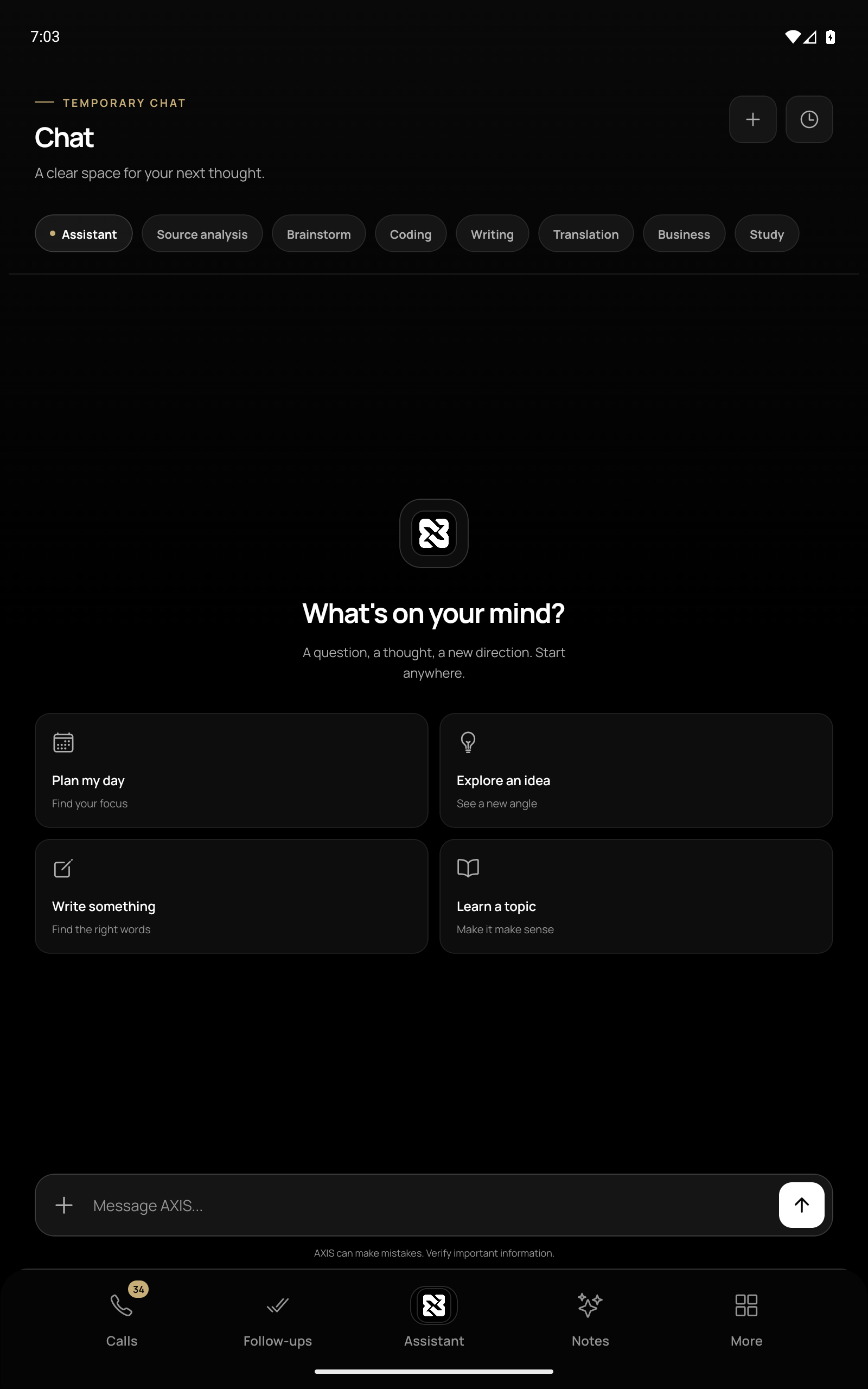 The AXIS Chat screen showing assistant modes, suggested starting points and the message composer.