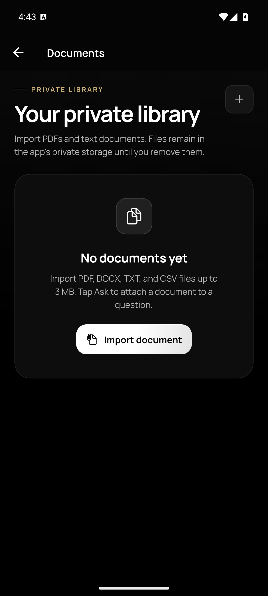 AXIS Documents, showing an empty private library and the Import document button.