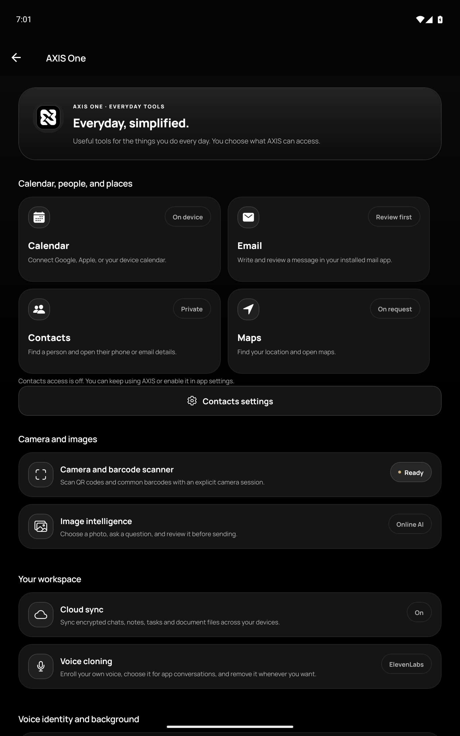 AXIS everyday tools, including calendar, email, contacts, maps, camera, image intelligence, cloud sync and voice cloning. Contacts access is off.